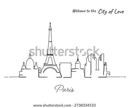 Minimal line art of the Paris skyline with famous architectural landmarks in a clean modern style, creating a romantic and elegant mood suited for travel advertising branding posters and editorial content