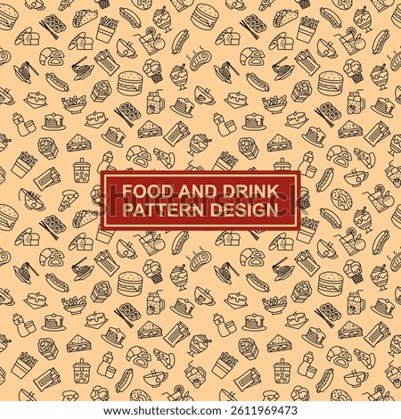 Minimal line art pattern of food and drink icons on a soft beige background. Modern and versatile design suitable for food-related wallpaper, packaging, gift wrap, or branding elements.