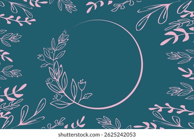 Minimale lijnkunst roze bloemenframe op smaragdgroene achtergrond. Elegante botanische krans met handgetekende bladeren en bloemen. Perfect voor trouwkaarten, branding of uitnodigingsontwerp. Kopieerruimte