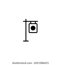 A minimal line art representation of a bus stop sign, indicating a public transit station or pickup point.