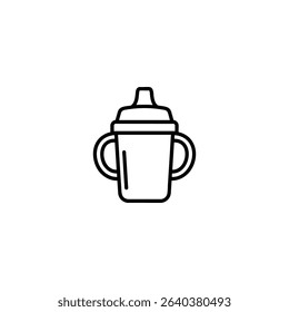 A minimal line art representation of a sippy cup with handles and a spout, symbolizing a transition for toddlers. Isolated on a white background.