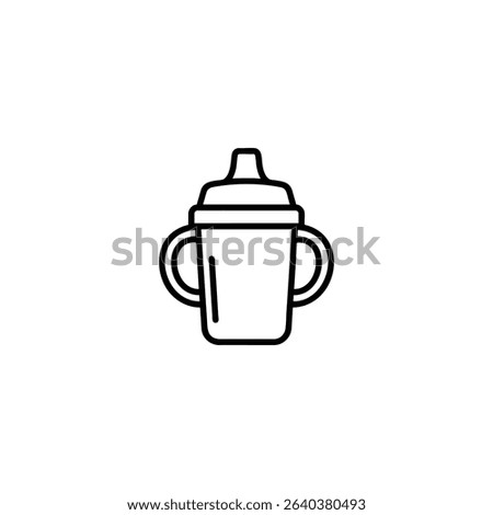 A minimal line art representation of a sippy cup with handles and a spout, symbolizing a transition for toddlers. Isolated on a white background.