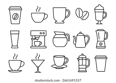A minimal line art set featuring different coffee cups, mugs, pots, and espresso machines. Ideal for cafe menus, packaging design, or websites.