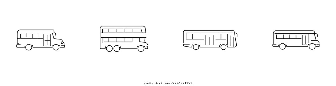 Minimal line art set of four city buses in side view, including double-decker and single-deck transit vehicles, outlined in black on white background. Vector illustration.