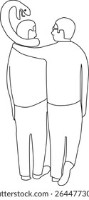 Uma arte de linha mínima mostrando duas figuras andando juntas, uma com uma cobra escondida se formando de seu braço - simbolizando traição, engano e o perigo silencioso de um amigo falso atrás de um rosto amigável.