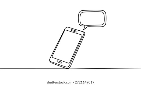 Minimal line art Smartphone mit chat bubble abstrakte kontinuierliche einzeilige Illustration Symbol der mobilen Kommunikation Messaging soziale Medien und digitale Konversation einzeln auf weiß