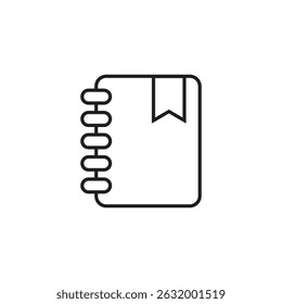 Minimal line art of a spiral notebook with a bookmark, ideal for representing note-taking, journaling, organization, education, or planning concepts in modern and clean design styles.