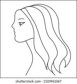 Minimal line art style illustration of young woman face with a ling hear on a white background