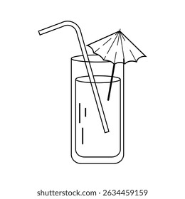Mínima arte de linha de um coquetel de verão com palha e guarda-chuva em um copo. Bebida tropical refrescante para férias, bar ou temas de verão.