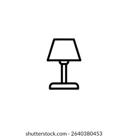 A minimal line art symbol of a table lamp with a simple shade and base, representing lighting and interior decor. Isolated on a white background.