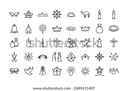 Minimal line art Three Wise Men icon, Epiphany Day Christian celebration vector illustration, clean black outline style, modern holiday symbol isolated on white background.