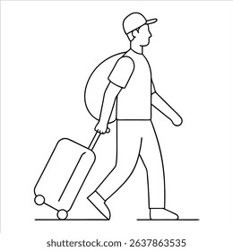 Minimal line art of a traveler with luggage drawn in continuous style capturing journey and exploration themes great for branding creative design or travel blogs