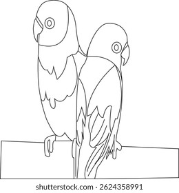 Minimal line art of two lovebirds sitting on a branch, drawn in a simple and clean hand-drawn style. Perfect for romantic designs, tattoo art, greeting cards, coloring books, and nature-themed creativ