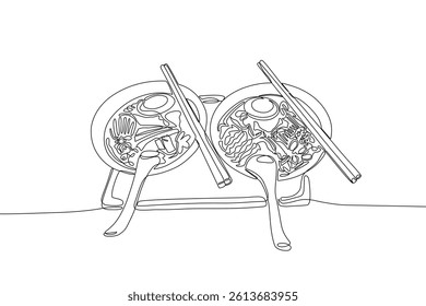 Minimal line art of two noodle bowls with chopsticks and spoons on a tray, continuous one line drawing symbolizing shared Asian meal and casual lifestyle. Vector illustration, Editable stroke