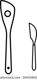 Mínima ilustração vetorial de arte de linha de uma espátula de madeira e faca de manteiga sobre fundo branco | espátula de madeira, faca de manteiga, ferramentas de cozinha, ícone de linha