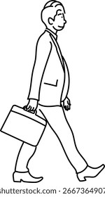Ilustración vectorial de arte de línea mínima de un hombre de negocios caminando con un maletín en vista lateral sobre fondo negro
