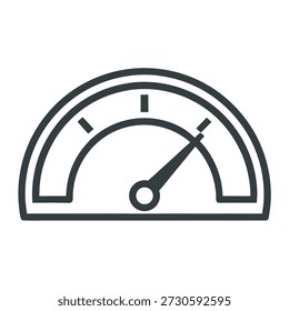 A minimal line art vector illustration of a data dashboard gauge icon, designed in the style of a speedometer or performance meter. This outline icon represents analytics, metrics, monitoring, performance tracking, and data visualization concepts. Isolated on a white background, suitable for dashboards, web interfaces, mobile applications, reports, infographics, and business presentations.