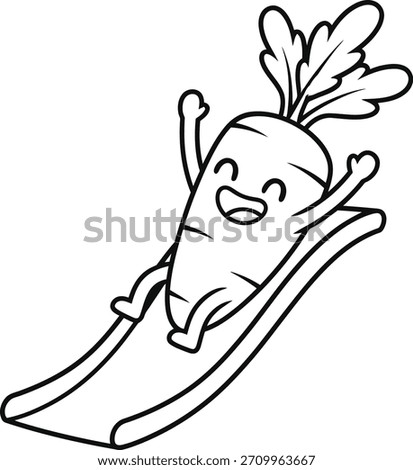 Minimal line art vector illustration of a happy cartoon carrot vegetable character laughing while sliding down a playground slide. Perfect as a printable coloring page, educational worksheet, or cute 