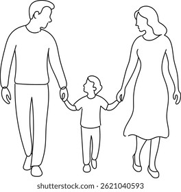 Minimal line art vector of a family—father, mother, and child—walking hand in hand. Ideal for family-themed designs, parenting content, or lifestyle illustrations.