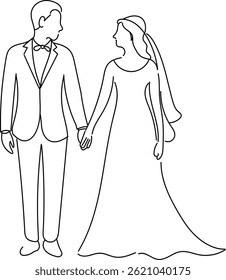 Minimal line art vector of a wedding couple holding hands. Perfect for wedding invitations, posters, or decorative designs.
