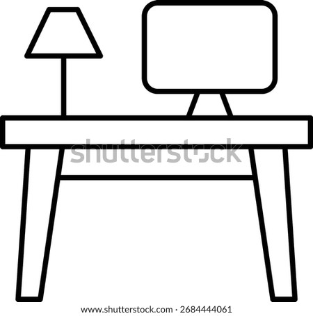 Minimal line art vector of a work desk with lamp and monitor. Perfect for office, workplace, study, furniture, and home interior design projects.