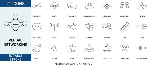 Minimal line art verbal networking icon set with editable stroke featuring communication, dialogue, voice, messaging, sharing, interaction and connection for UI, UX, web, app and business design.