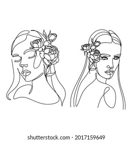 Minimal Line Art Woman with Flowers Poster. One line drawing flower face Art. Flower Face Woman Vector