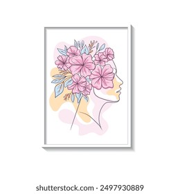 Minimal line art woman with flowers art print