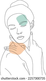 Minimal line art woman with hand on face. Black Lines Drawing. Vector Illustration for spa, tshirt, nails, poster