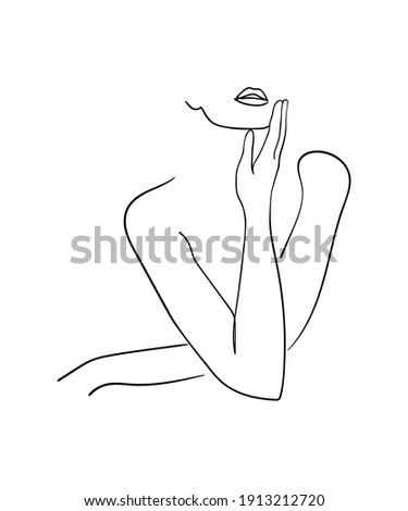 Minimal line art woman with hand on face. Black Lines Drawing. - Vector illustration