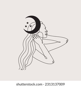 Minimal Line Art Woman with Moon and Star Poster. One line drawing witchcraft bohemian magic face Art. Astrology Face Woman Vector	