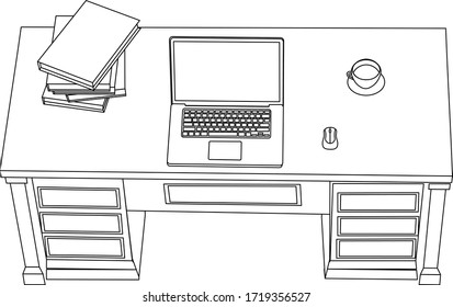 minimal line art of workplace with laptop, document folders and cup of coffee