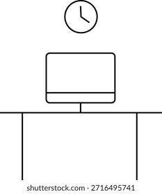 Minimal line art workspace with computer on desk and wall clock.