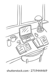 Escena de espacio de trabajo de arte de línea mínima con escritorio, computadora portátil, libros, lámpara, café y accesorios de estudio por ventana. Concepto de enfoque, aprendizaje, productividad y ambiente de trabajo