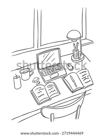 Minimal line art workspace scene with desk, laptop, books, lamp, coffee and study accessories by window. Concept of focus, learning, productivity and working atmosphere