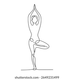 Minimal Line Artwork of a Person Practicing Yoga in Tree Pose on the white background