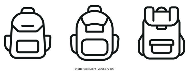 Conjunto de iconos de mochila de línea mínima para escuela, viajes y Essentials: diseño de Vector limpio