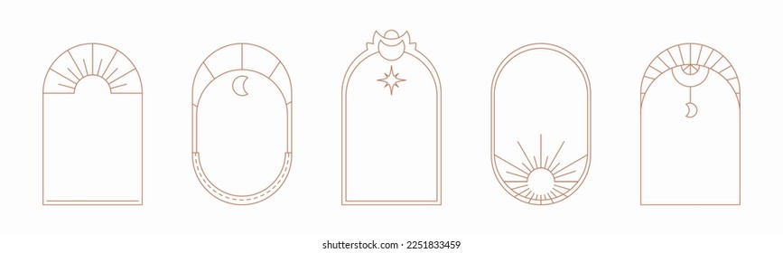 Minimale Linie Boho Boho Bohbogen und Rahmen Logo Design Elemente Set. Oval, Bogen, tür-förmige Böhmergrenzen für Logo, Symbol, Social Media-Post, Geschichte, Emblem. Vintage-Retro-Vektordesign