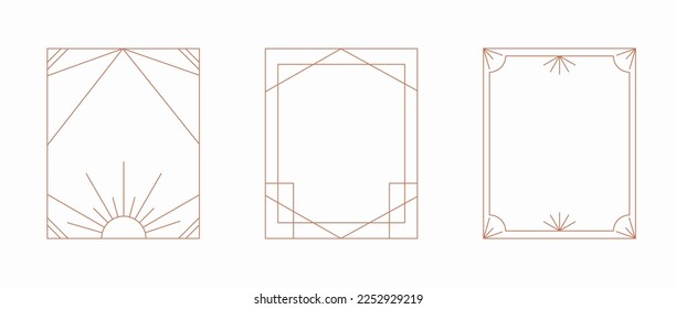 Minimal line boho frames design elements set. Bohemian borders for logo, icon, social media post, story, emblem. Vintage retro style. Vector illustration isolated on white background