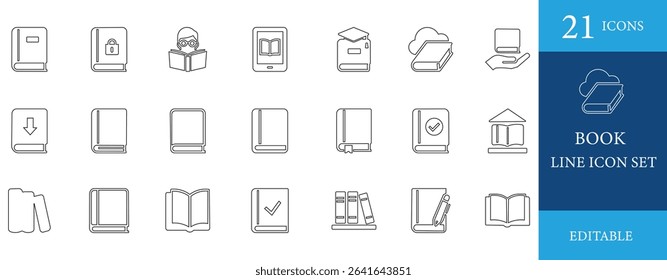 Minimal line book icon set featuring reading, study, education, textbook, and library concepts. Perfect for learning apps, school, diary, bookshelf, document, and publication design.