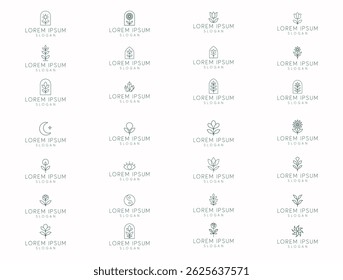 Minimal line botanical logo set with nature-inspired floral and plant icons, perfect for branding, beauty, and wellness design projects