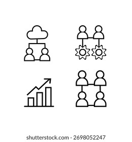 Trabalho em equipe de negócios de linha mínima em ícones de crescimento Colaboração em nuvem, engrenagens de processo, conjunto de vetor de gráfico analítico.