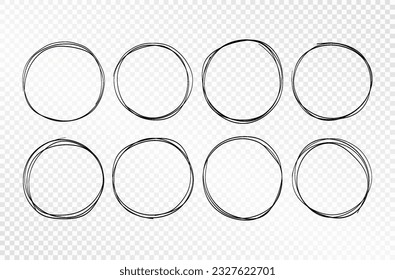 Minimal line circle set. Linear round frames, doodle sphere elements, abstract drawing circular shape. Vector collection