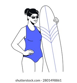 Minimal line design illustration of a confident woman in a swimsuit holding a surfboard. The image reflects summer mood, beach lifestyle, sport, freedom, travel, ocean energy, active leisure, and modern healthy living concepts.