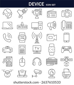 Minimal line device icon set featuring gadgets like camera, laptop, mobile, router, smartwatch, mic, printer, CCTV, and more. Perfect for UI, web, and infographic design.