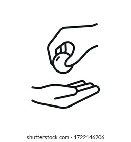 Minimal Line Donate Money Icon - Hand Giving A Coin - Vector