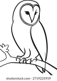 A minimal line drawing of a barn owl perched with head turned.