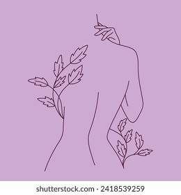 Minimal line drawing of beautiful woman's back with a twig ang leaves. Line style drawing. Elegant drawing of a female body.