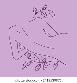 Minimal line drawing of beautiful woman's back with a twig ang leaves. Line style drawing. Elegant drawing of a female body that lies.