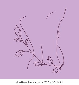 Minimal line drawing of beautiful woman's back with a twig ang leaves. Line style drawing. Elegant drawing of a female body.